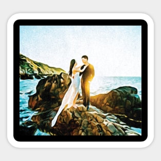 Couples wedding on beach Oil Painting Art Sticker